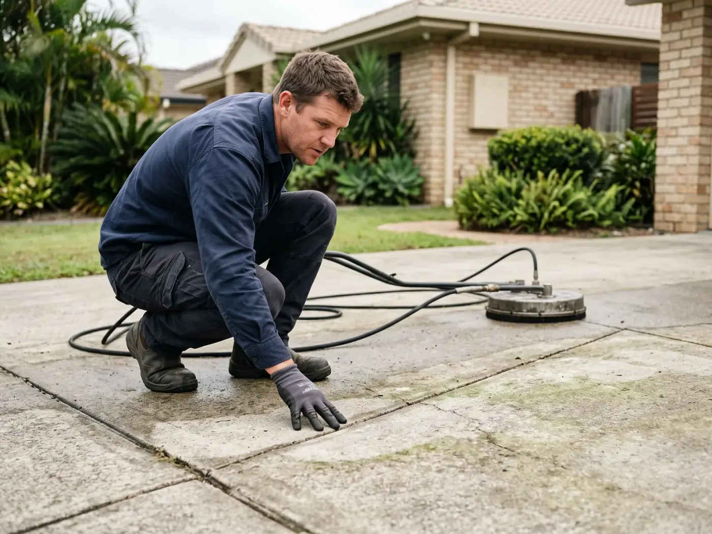 A driveway cleaner crouched on a Brisbane concrete driveway checking the surface before starting, with the surface cleaner head resting beside him