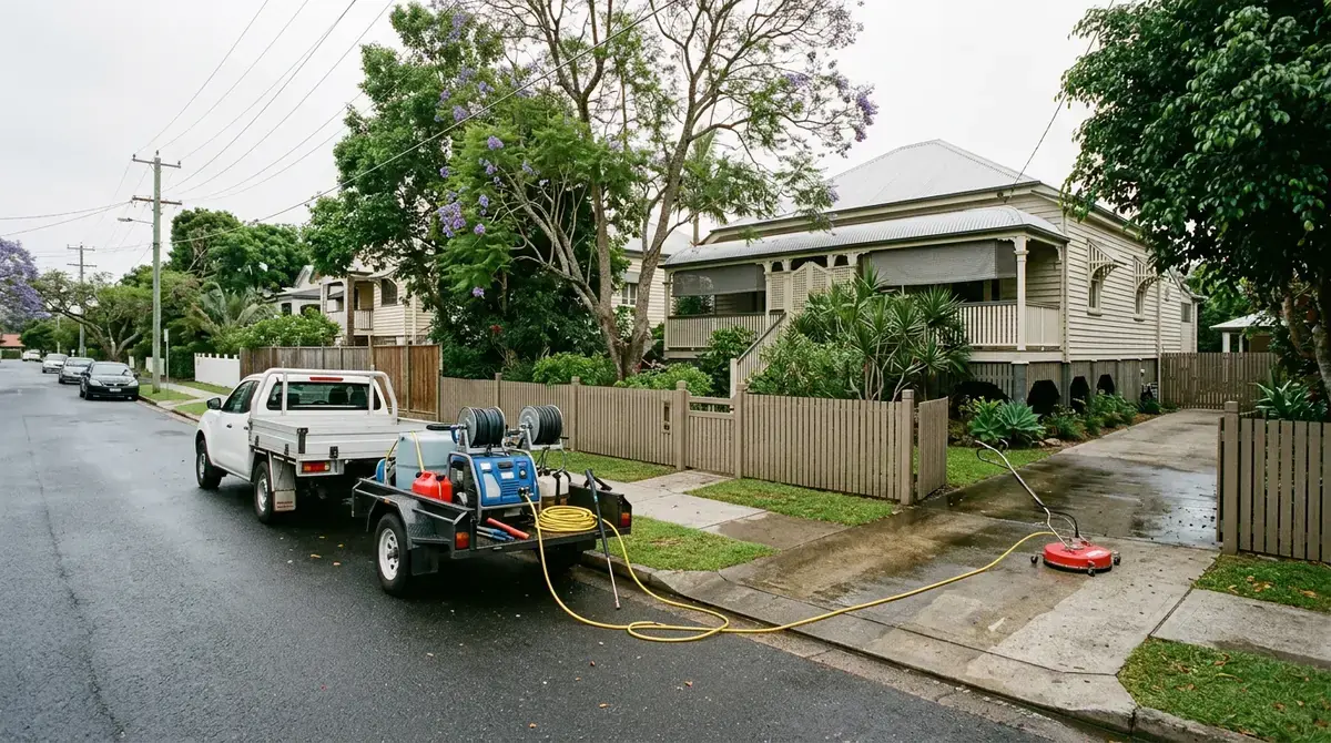 Pressure cleaning equipment and hose set up at the top of a Brisbane concrete driveway before a clean