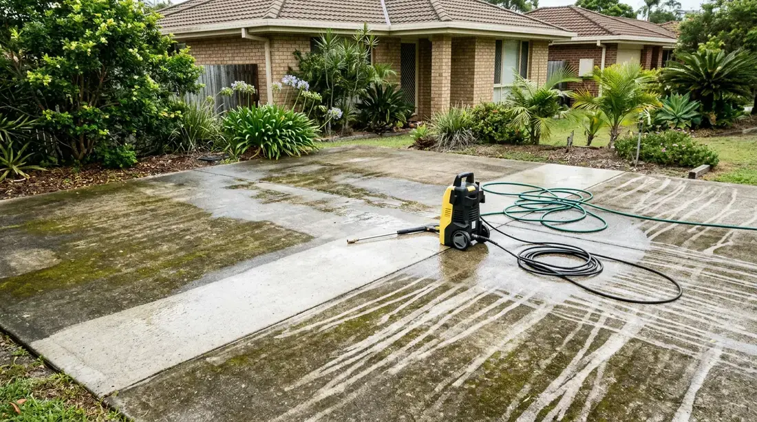 A hired domestic pressure washer with a lance beside a partly cleaned concrete driveway showing uneven passes