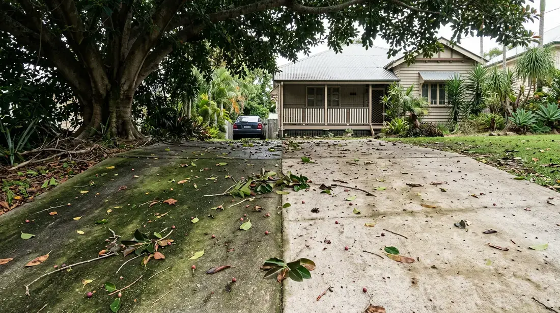 A concrete driveway in Brisbane half cleaned, with the shaded lower section still darkened by algae