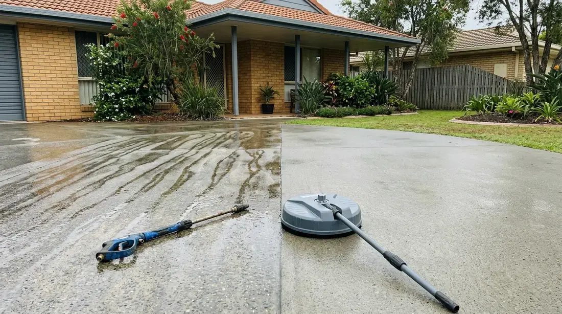 A rotary surface cleaner head part-way across a concrete driveway with the untouched section still grey