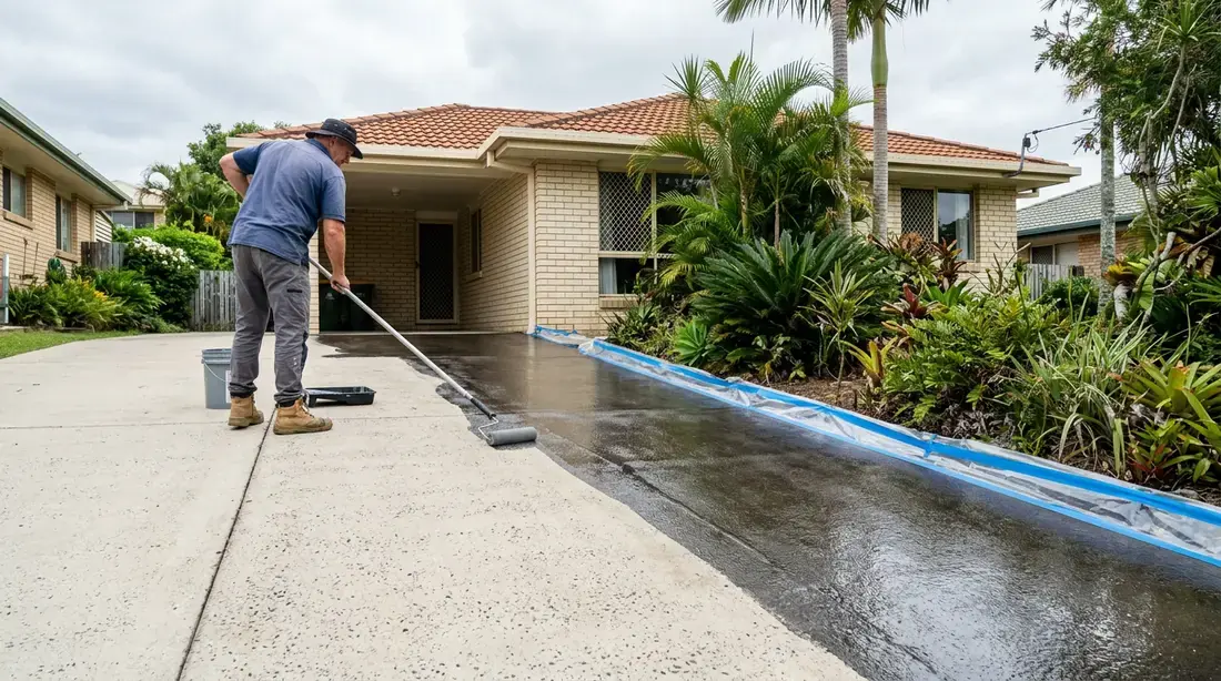 A freshly cleaned exposed aggregate driveway drying in the sun before a sealer is applied