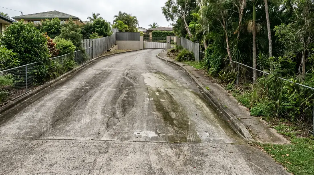 A cleaner walking a sloped Brisbane driveway with a tape measure, assessing surface and access before quoting
