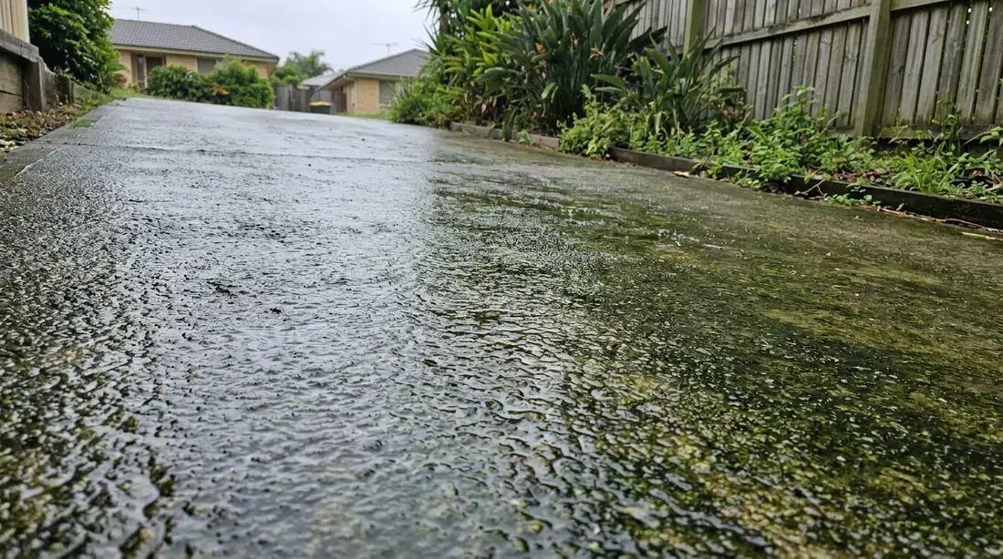 A shaded concrete driveway in Brisbane with a green algae film across the section closest to the house