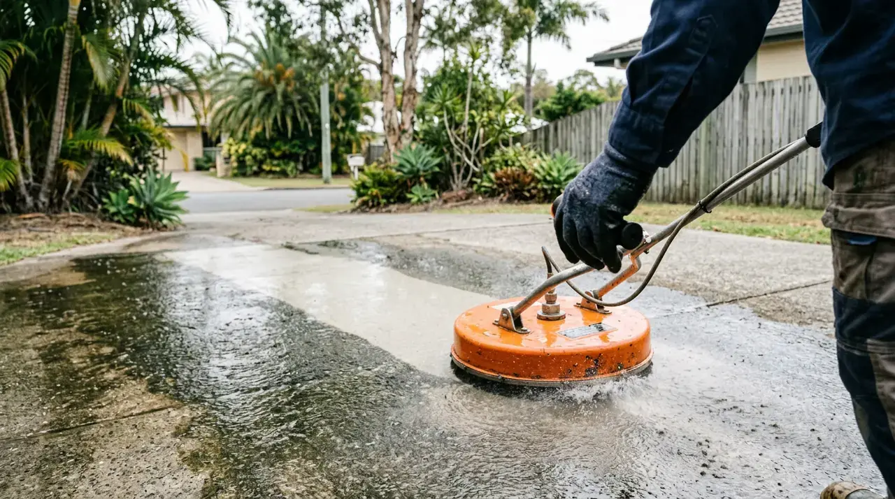 Operator running a rotary surface cleaner across a Brisbane concrete driveway