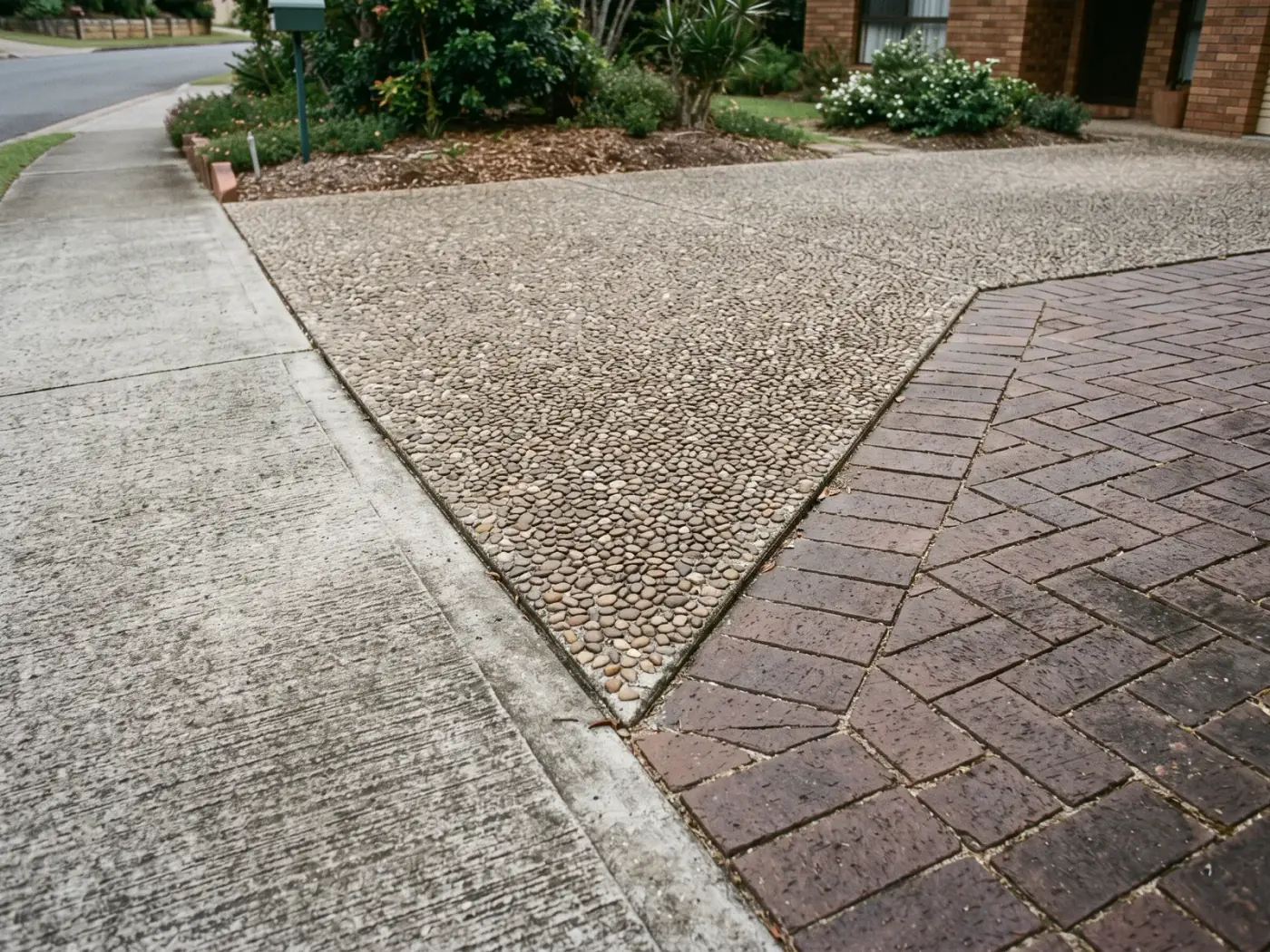Concrete, exposed aggregate and clay pavers meeting on one Brisbane property, showing how different the three surfaces are