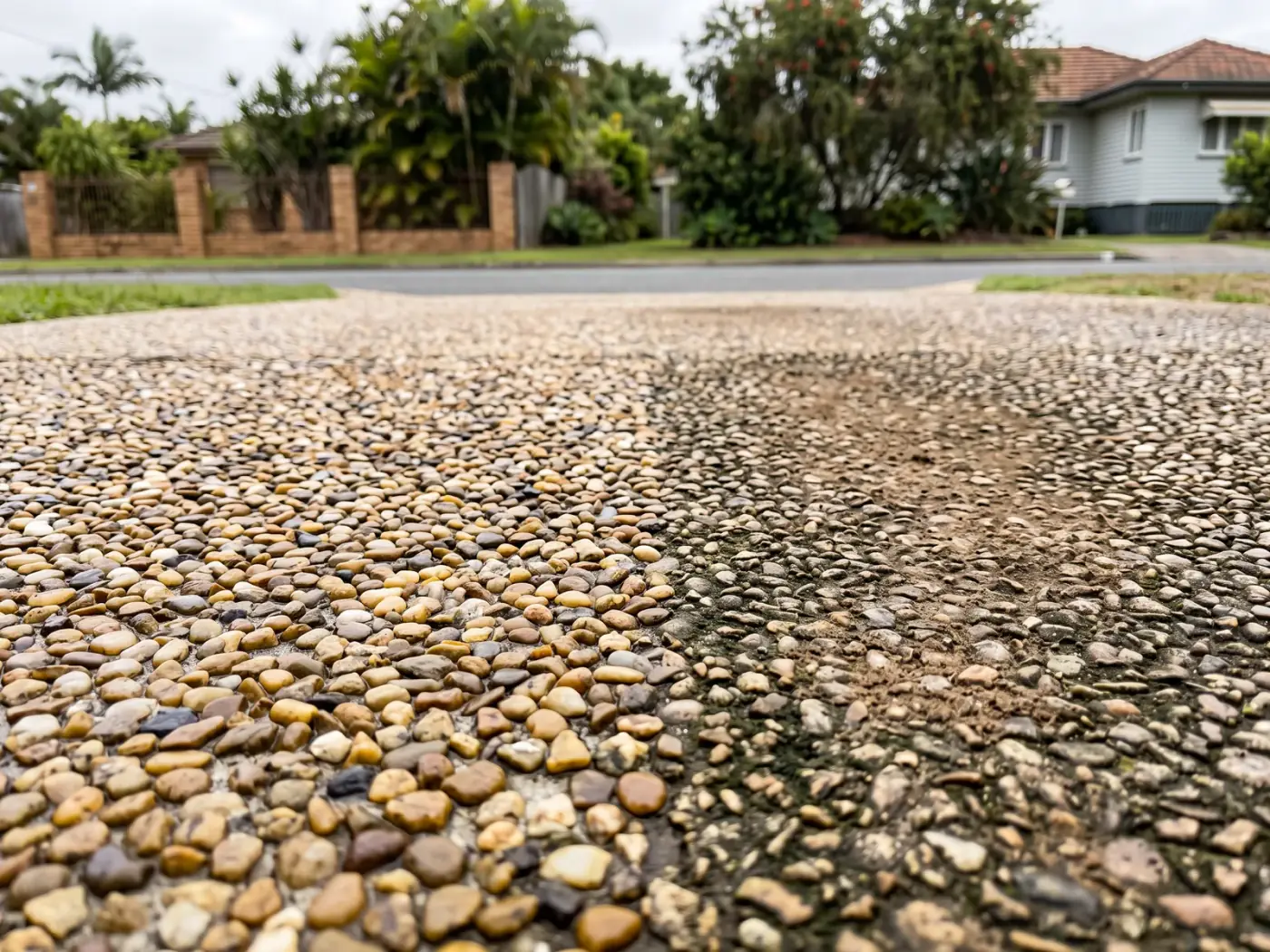 Close view of an exposed aggregate driveway showing the pebbles and the thin cement matrix holding them