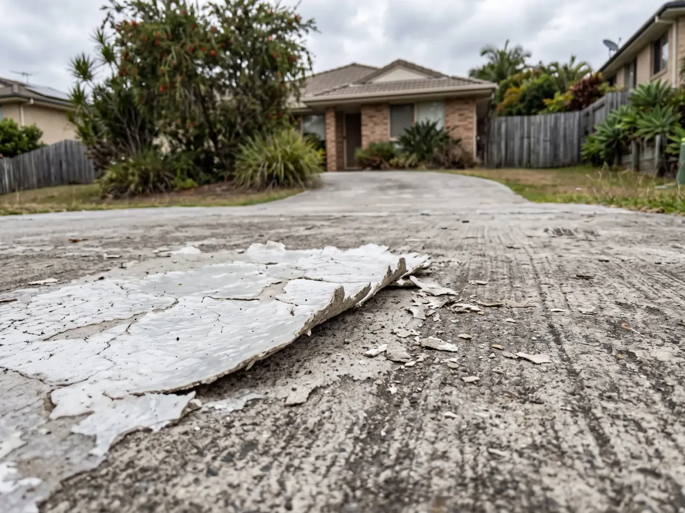 A failing clear sealer on a Brisbane concrete driveway, gone milky and flaking away to bare concrete underneath
