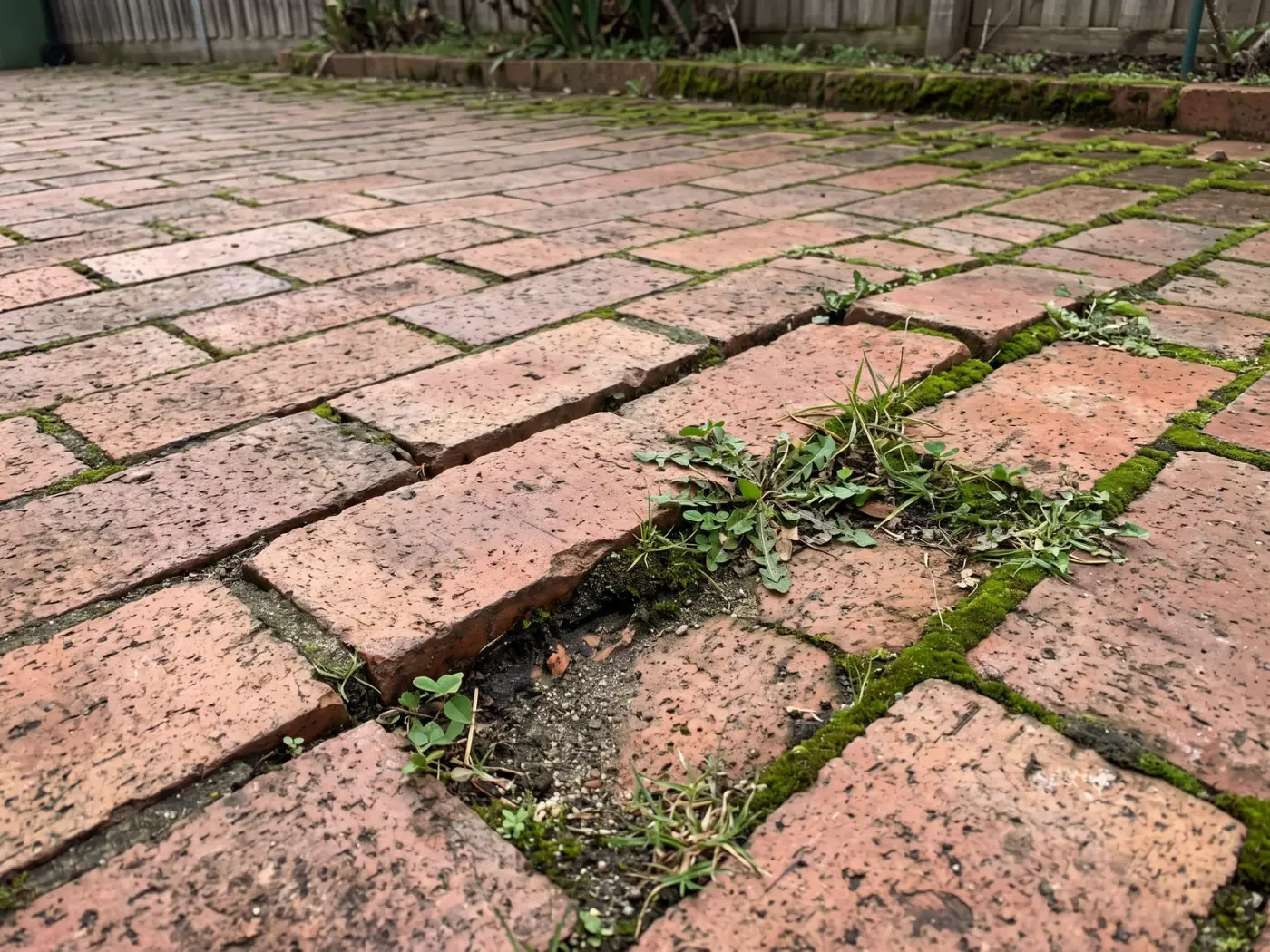 Close view of clay driveway pavers with weeds and moss growing from the sand joints between them