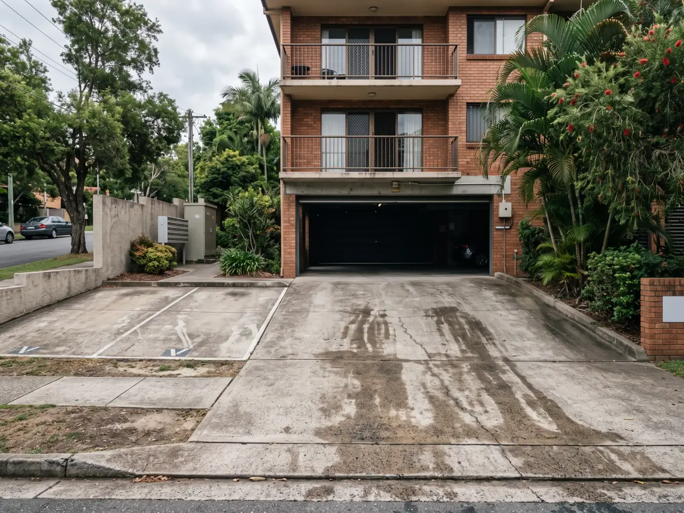 The shared entry driveway and undercroft ramp of a Brisbane apartment block, with tyre staining through the wheel tracks